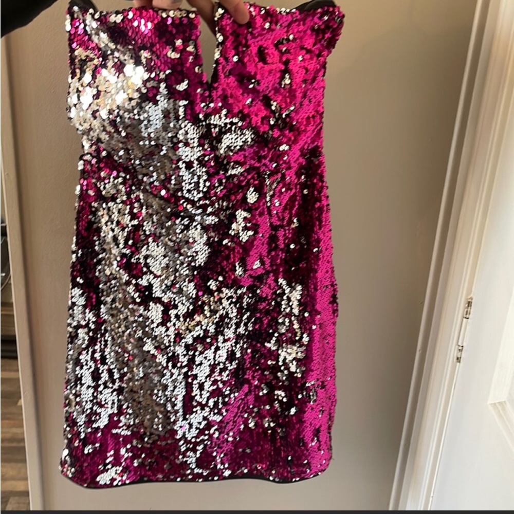 Lulus Strapless Sequined Fuscia/Silver Mini - image 1